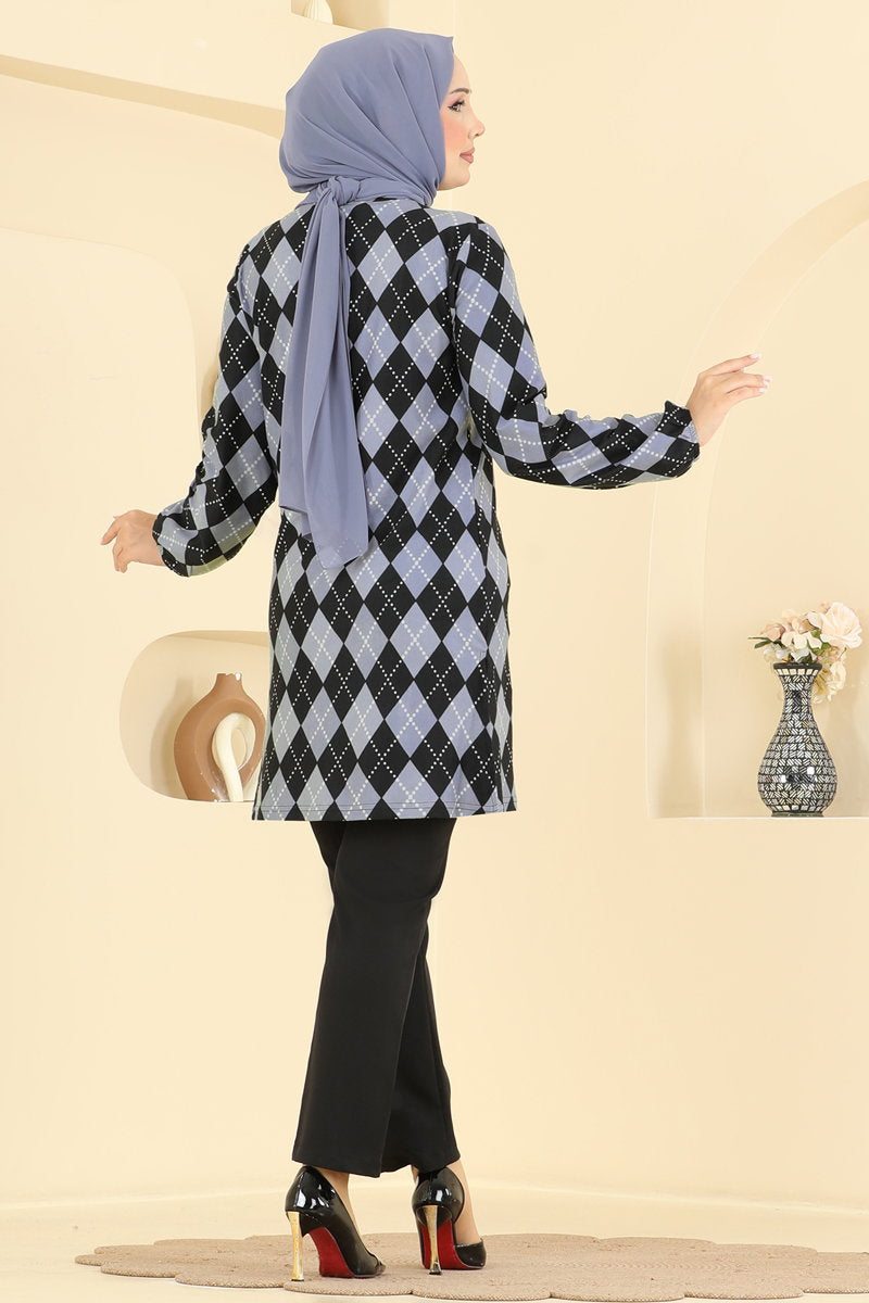 Printed Crew-Neck Suede Knit Tunic - Black