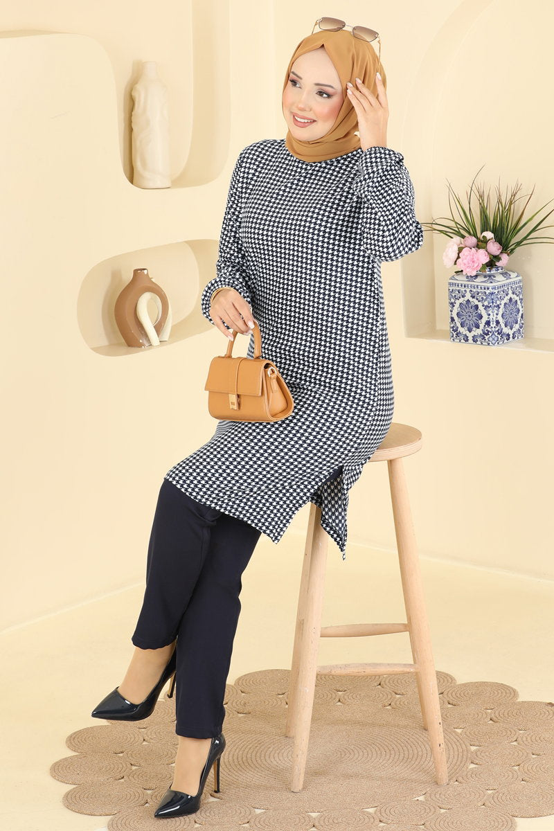 Printed Crew-Neck Suede Knit Tunic - Navy