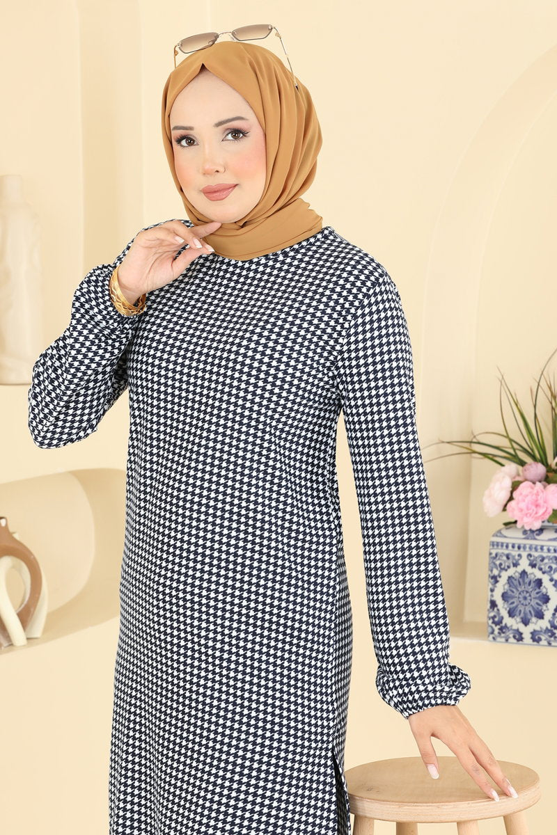 Printed Crew-Neck Suede Knit Tunic - Navy