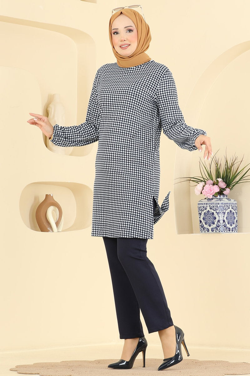 Printed Crew-Neck Suede Knit Tunic - Navy