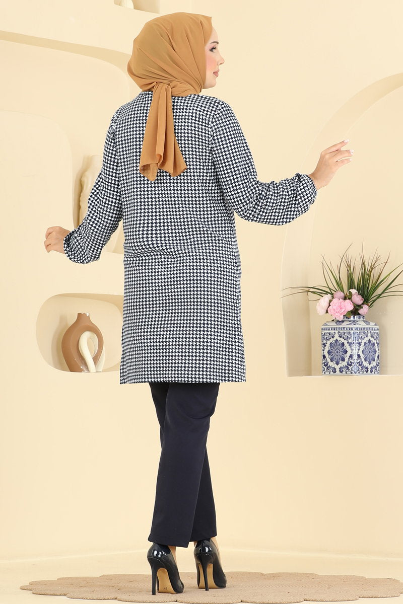 Printed Crew-Neck Suede Knit Tunic - Navy
