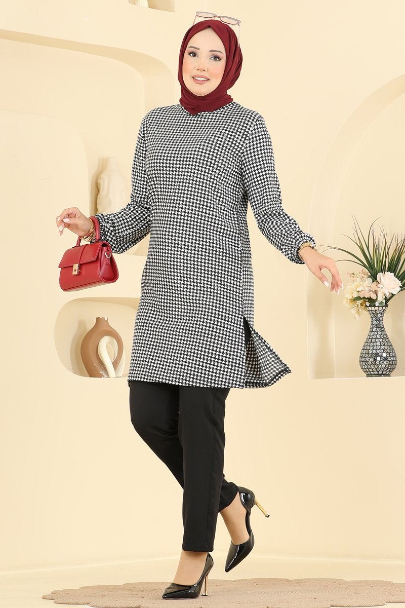 Printed Crew-Neck Suede Knit Tunic - Black 2