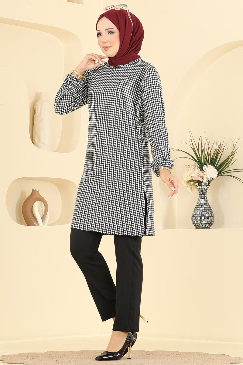 Printed Crew-Neck Suede Knit Tunic - Black 2