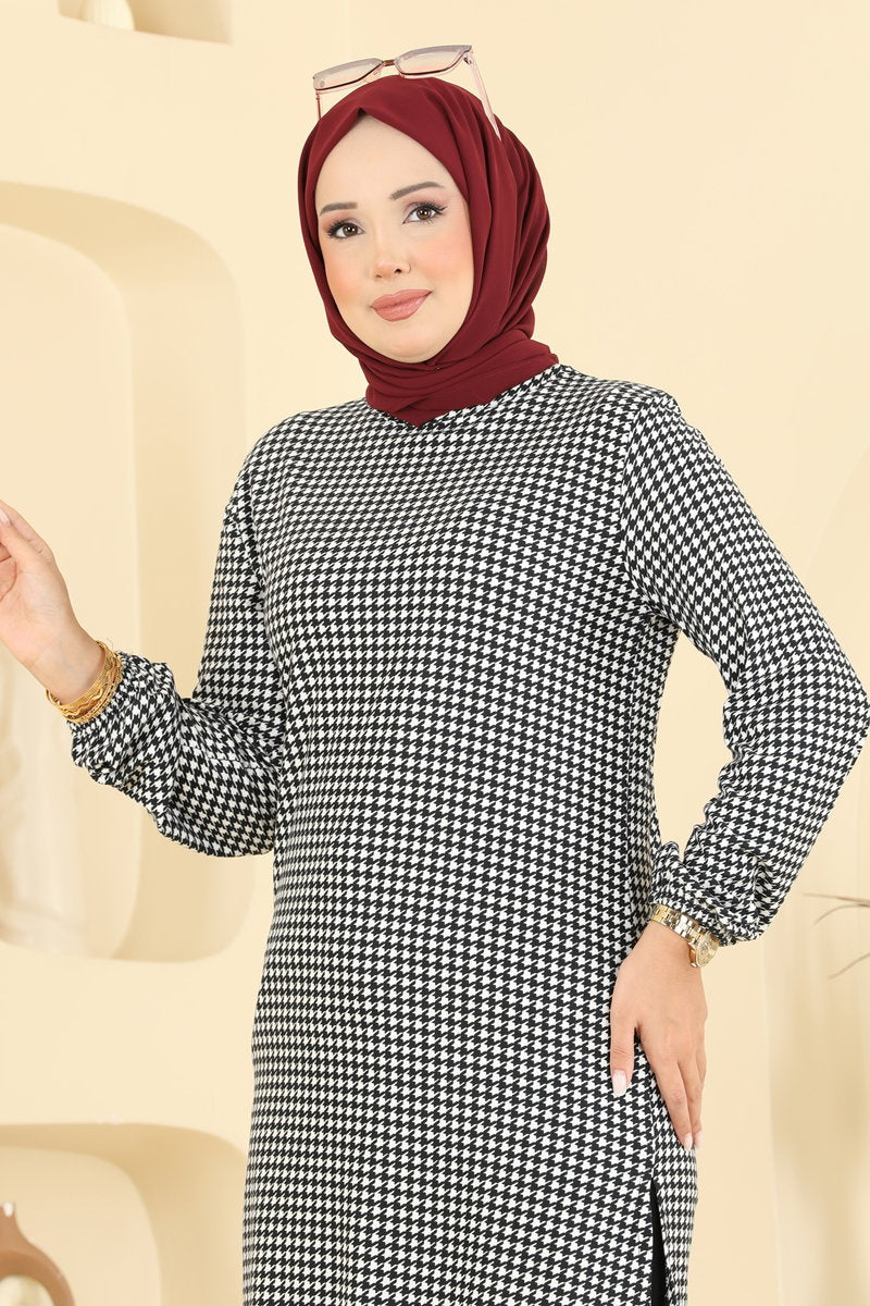 Printed Crew-Neck Suede Knit Tunic - Black 2