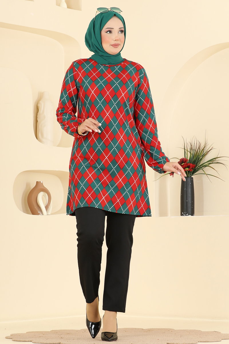Printed Crew-Neck Suede Knit Tunic - Red