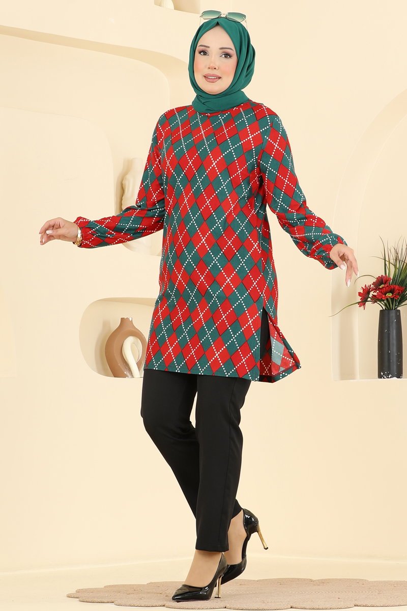 Printed Crew-Neck Suede Knit Tunic - Red
