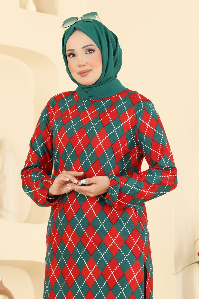 Printed Crew-Neck Suede Knit Tunic - Red