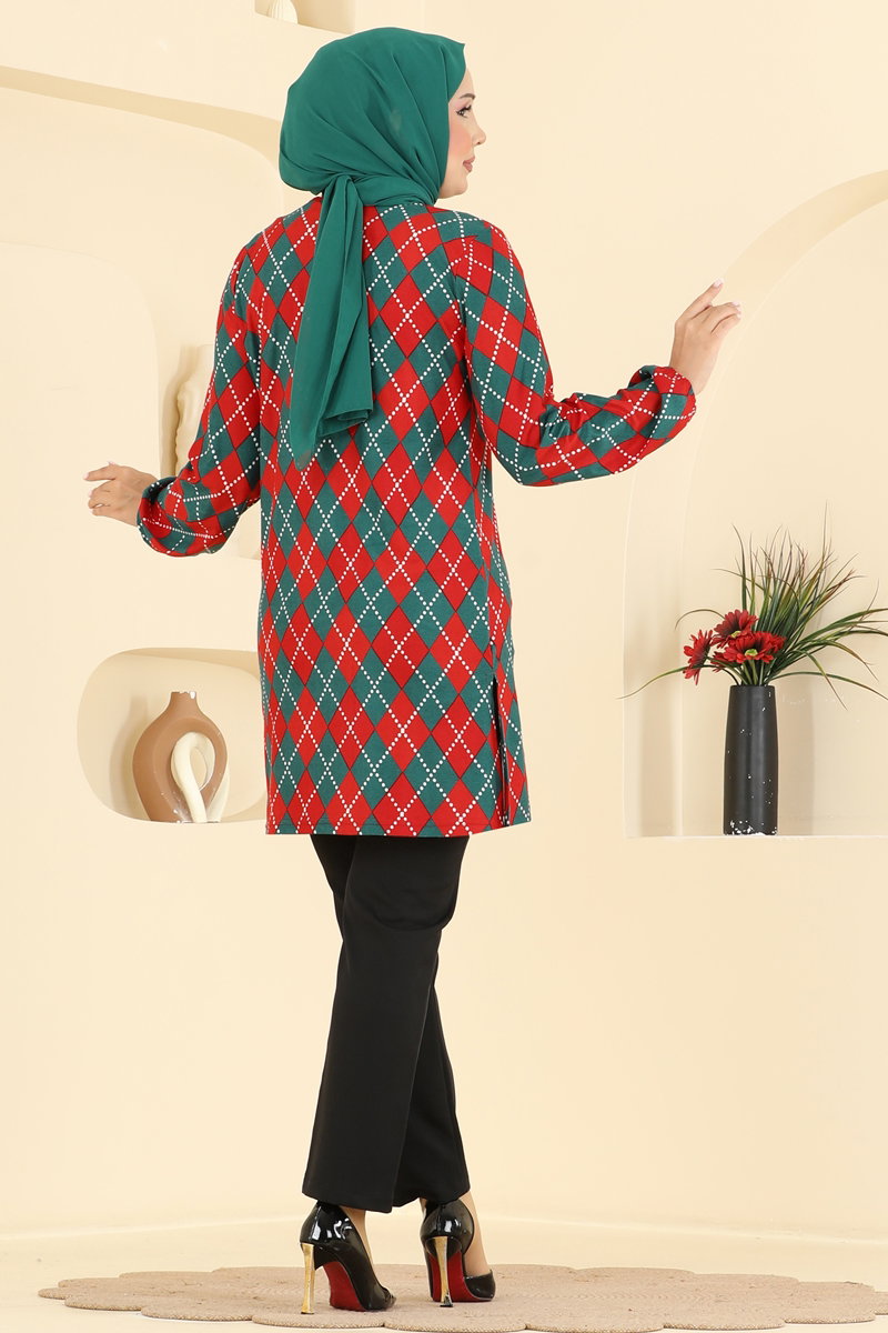 Printed Crew-Neck Suede Knit Tunic - Red