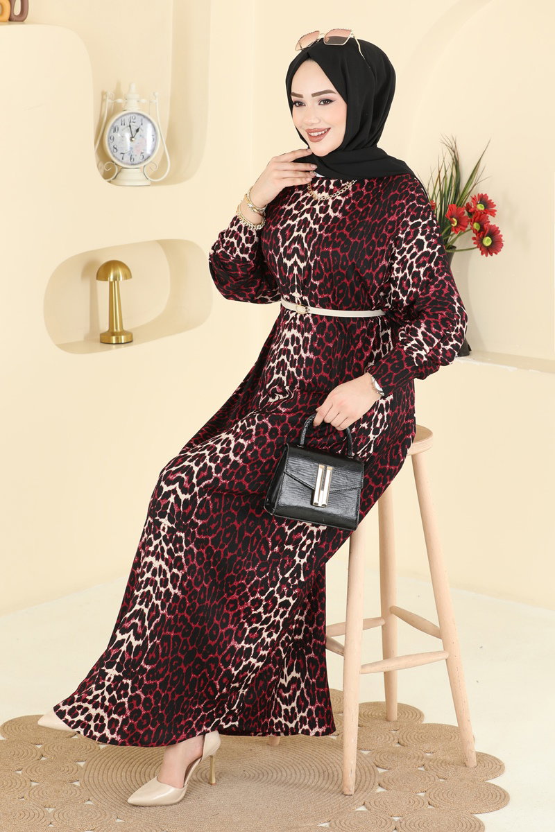Patterned Crinkle Dress - Burgundy