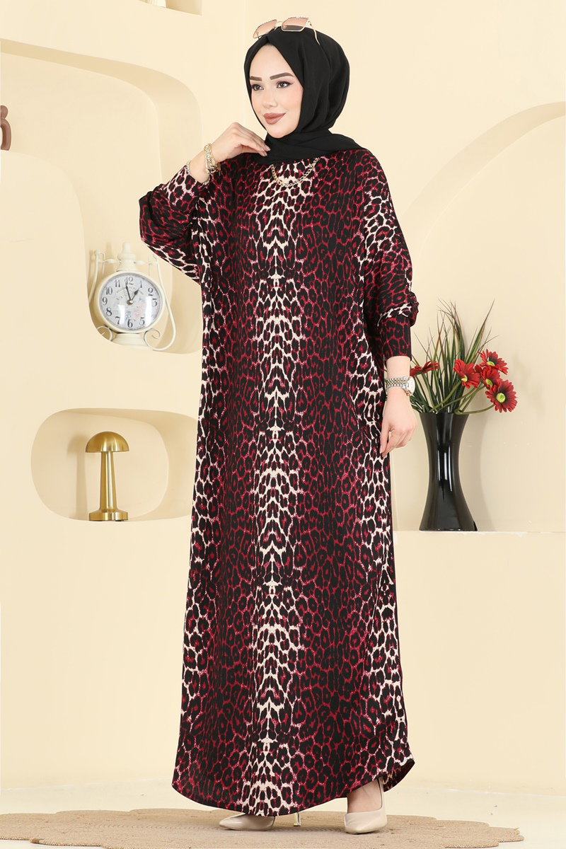 Patterned Crinkle Dress - Burgundy