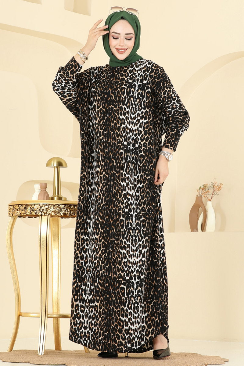 Patterned Crinkle Dress - Leopard-Mink