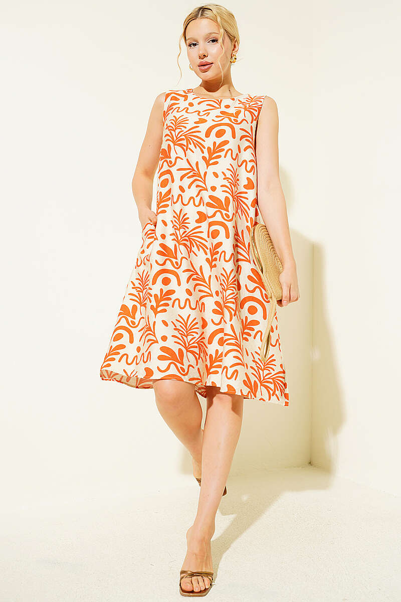 Printed Sleeveless Midi Dress with Pockets - Orange