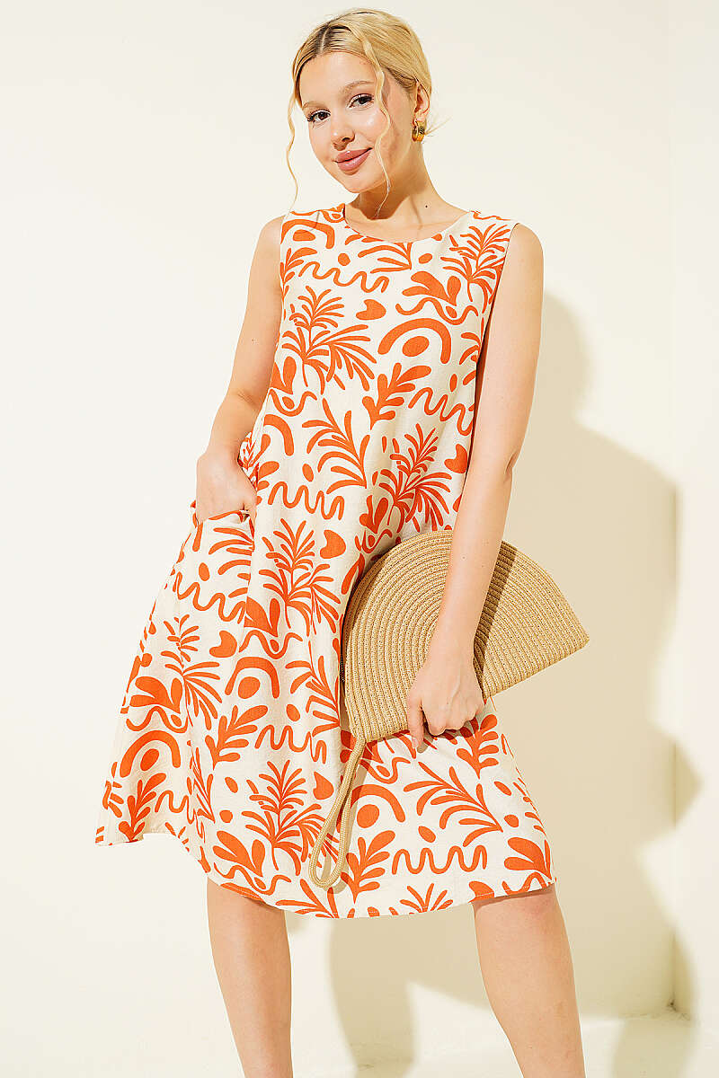Printed Sleeveless Midi Dress with Pockets - Orange