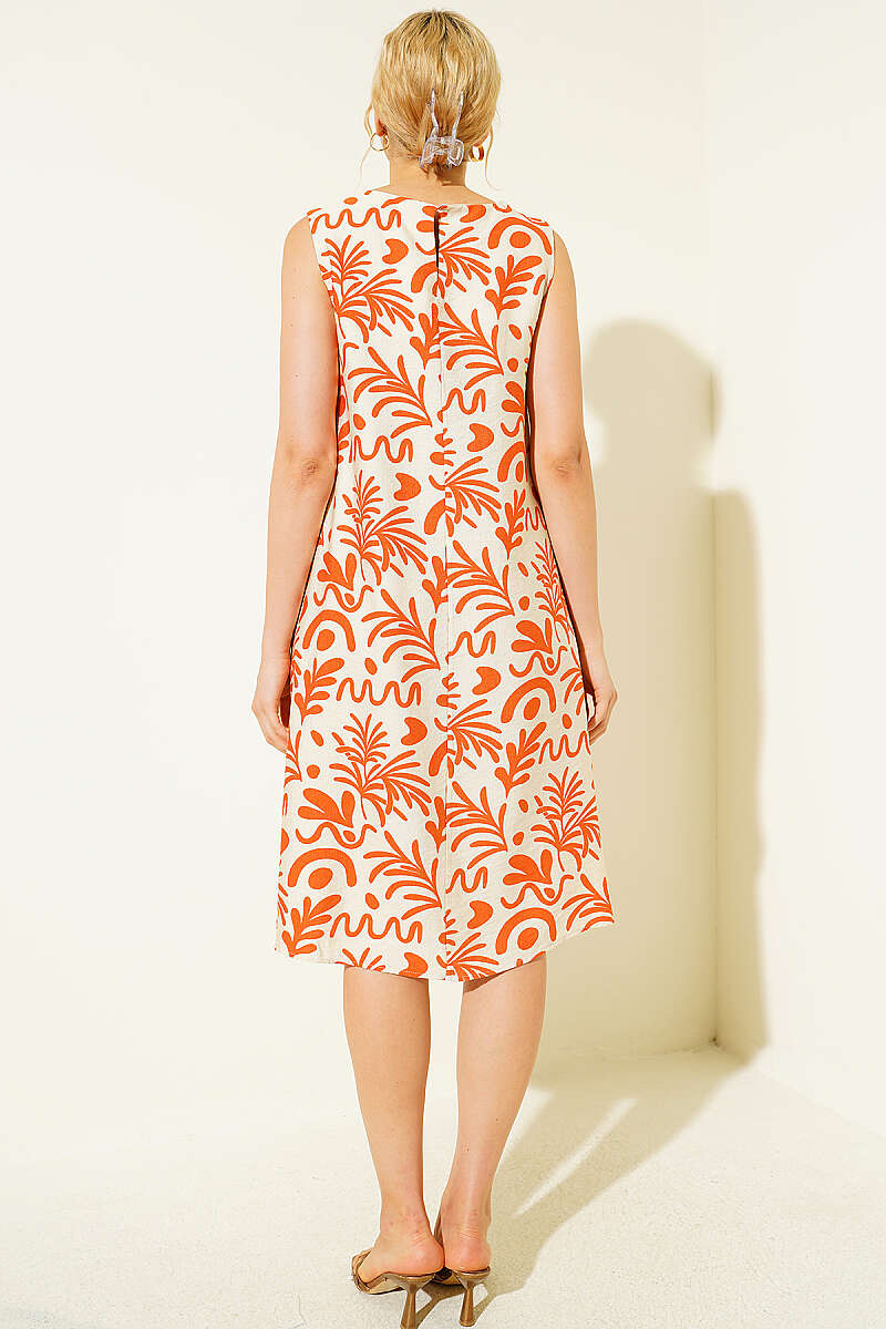 Printed Sleeveless Midi Dress with Pockets - Orange
