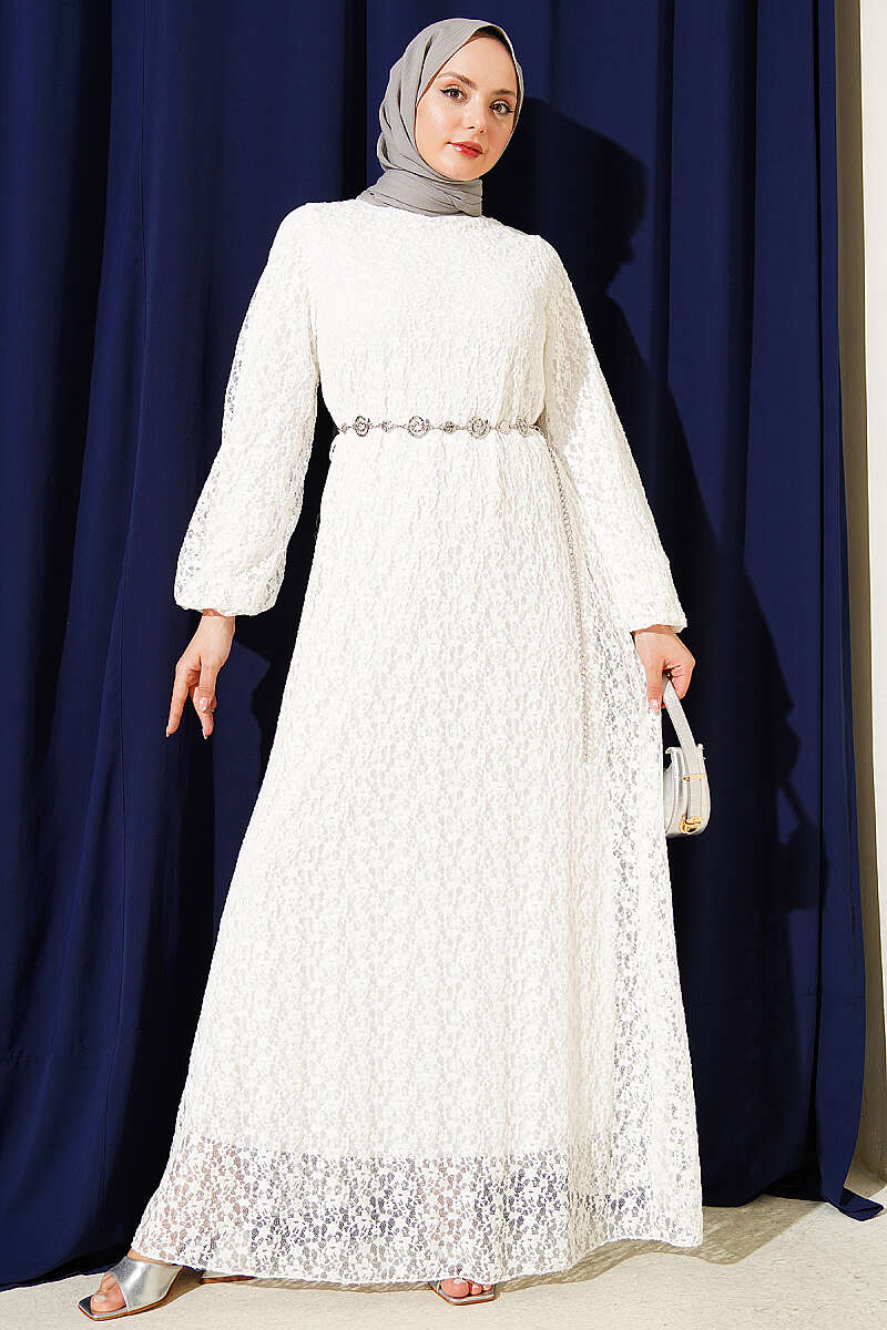 Patterned Flared Lace Dress - White