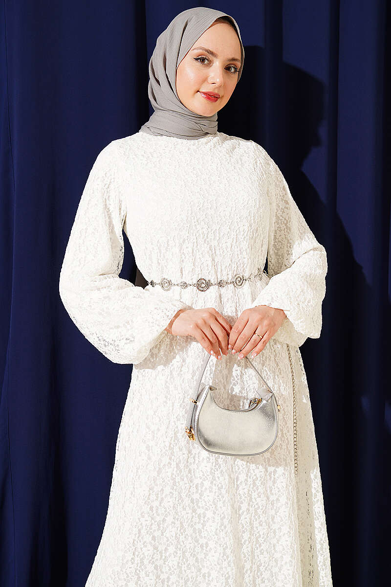 Patterned Flared Lace Dress - White