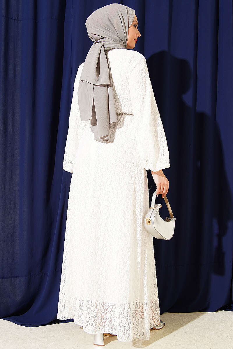 Patterned Flared Lace Dress - White