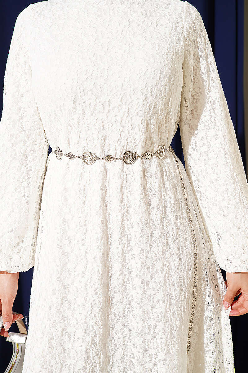 Patterned Flared Lace Dress - White