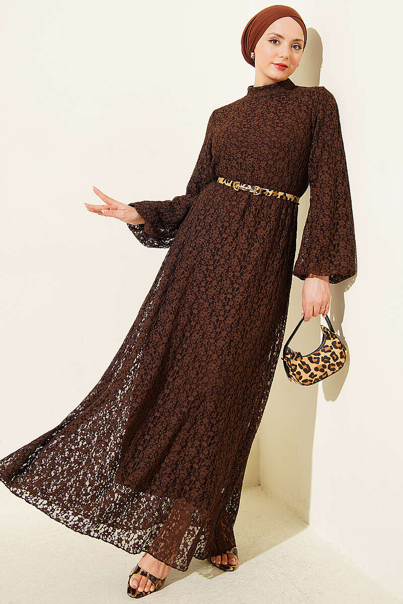 Patterned Flared Lace Dress - Brown