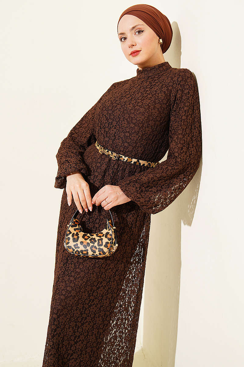 Patterned Flared Lace Dress - Brown