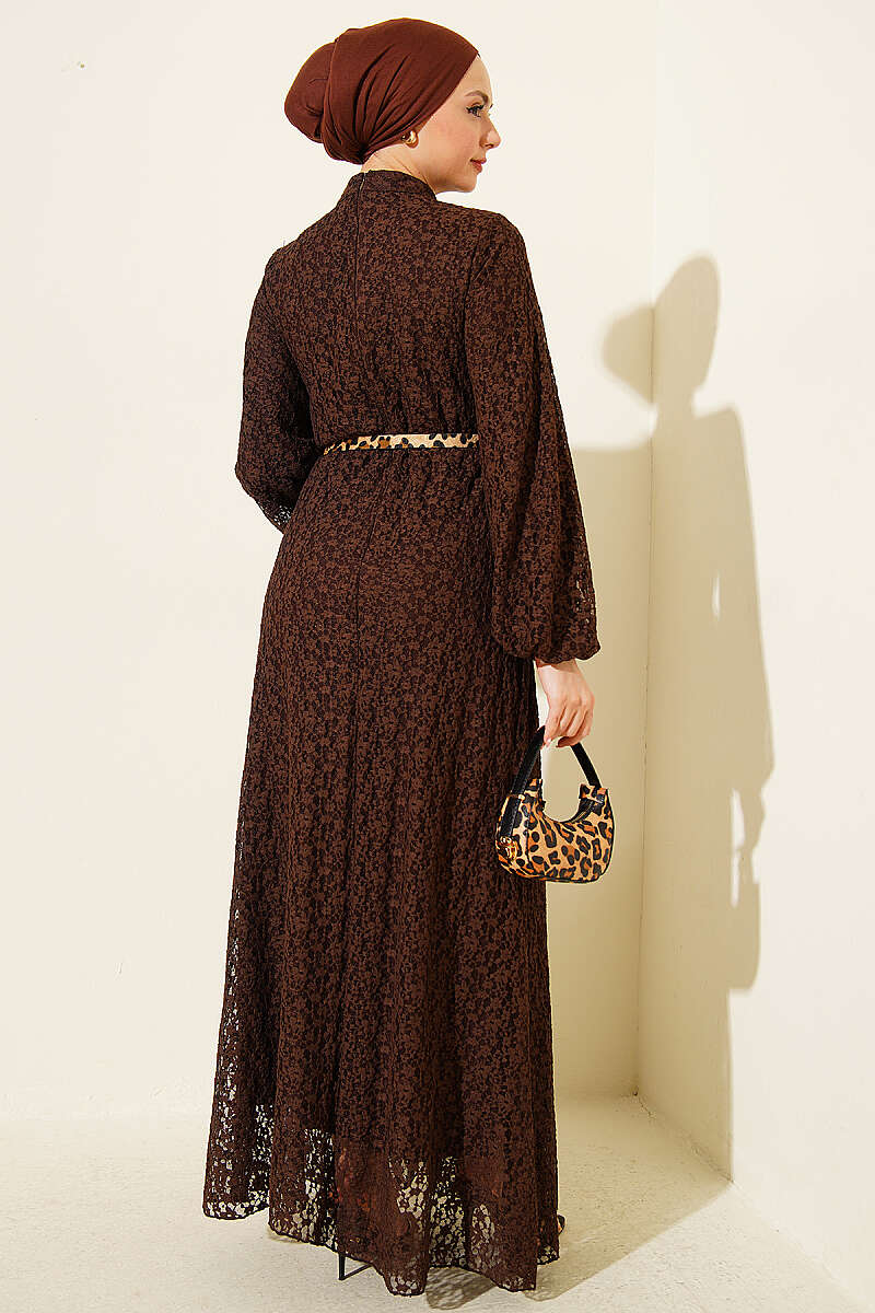 Patterned Flared Lace Dress - Brown