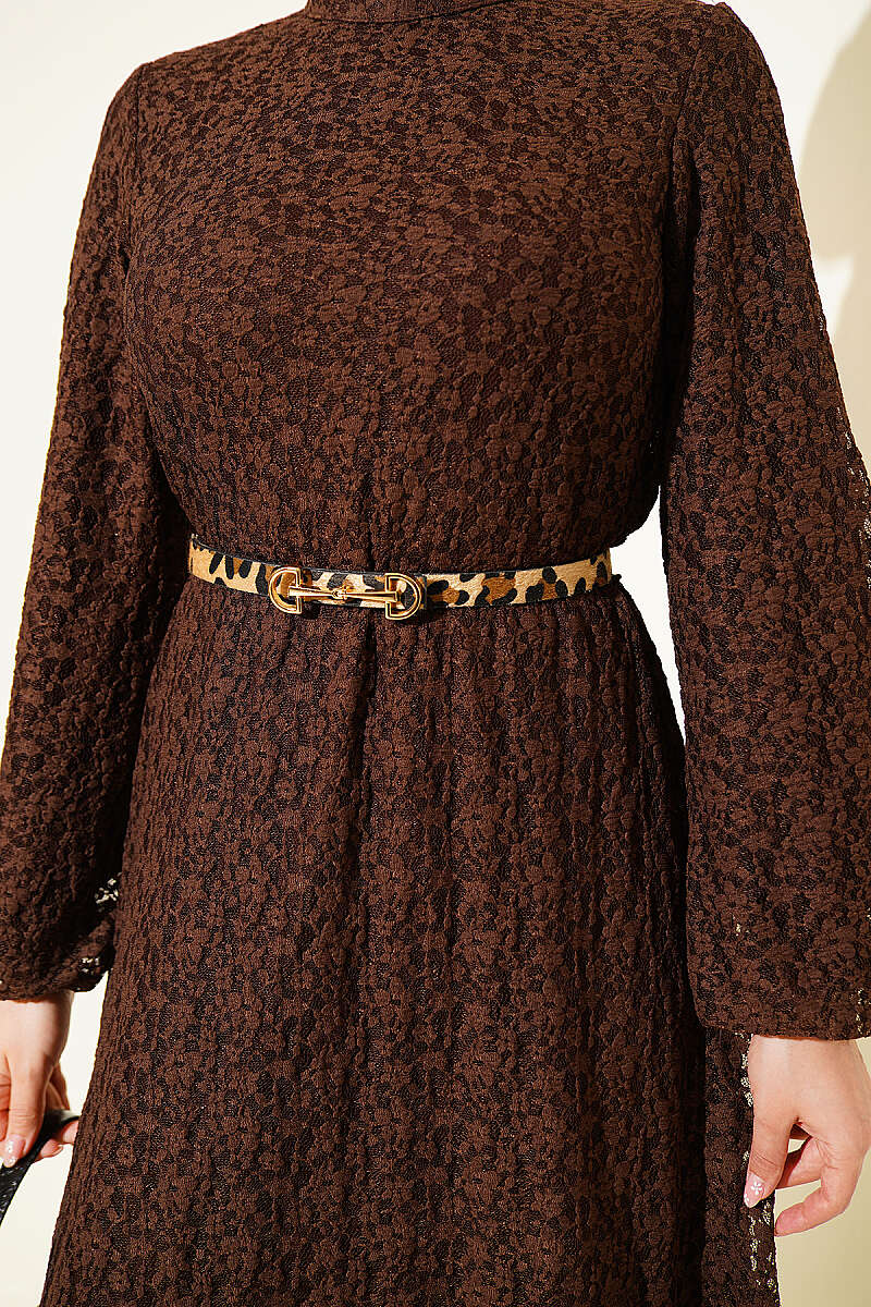 Patterned Flared Lace Dress - Brown