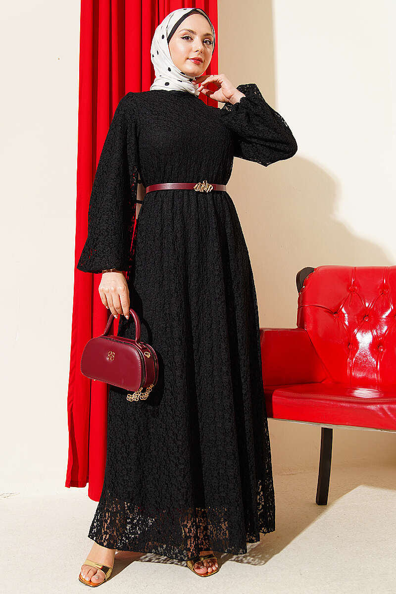 Patterned Flared Lace Dress - Black