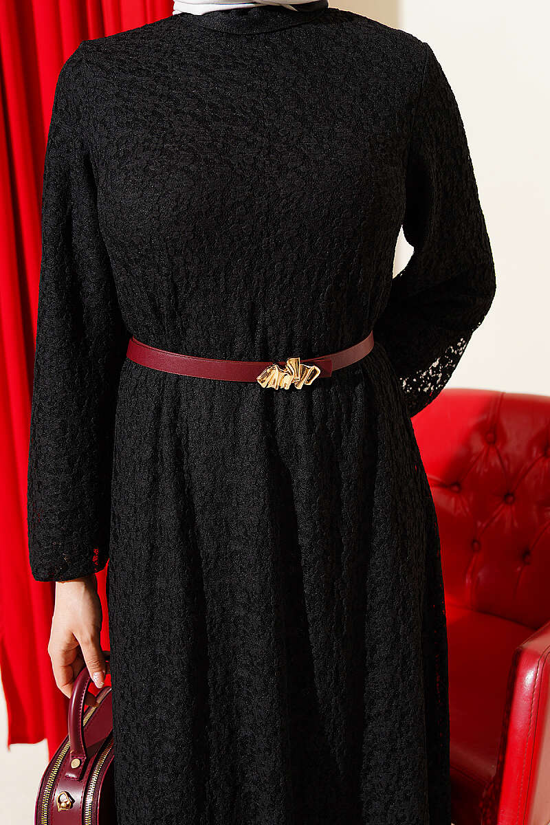 Patterned Flared Lace Dress - Black