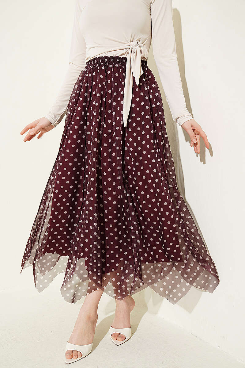 Asymmetric Printed Chiffon Skirt with Stitching - Burgundy