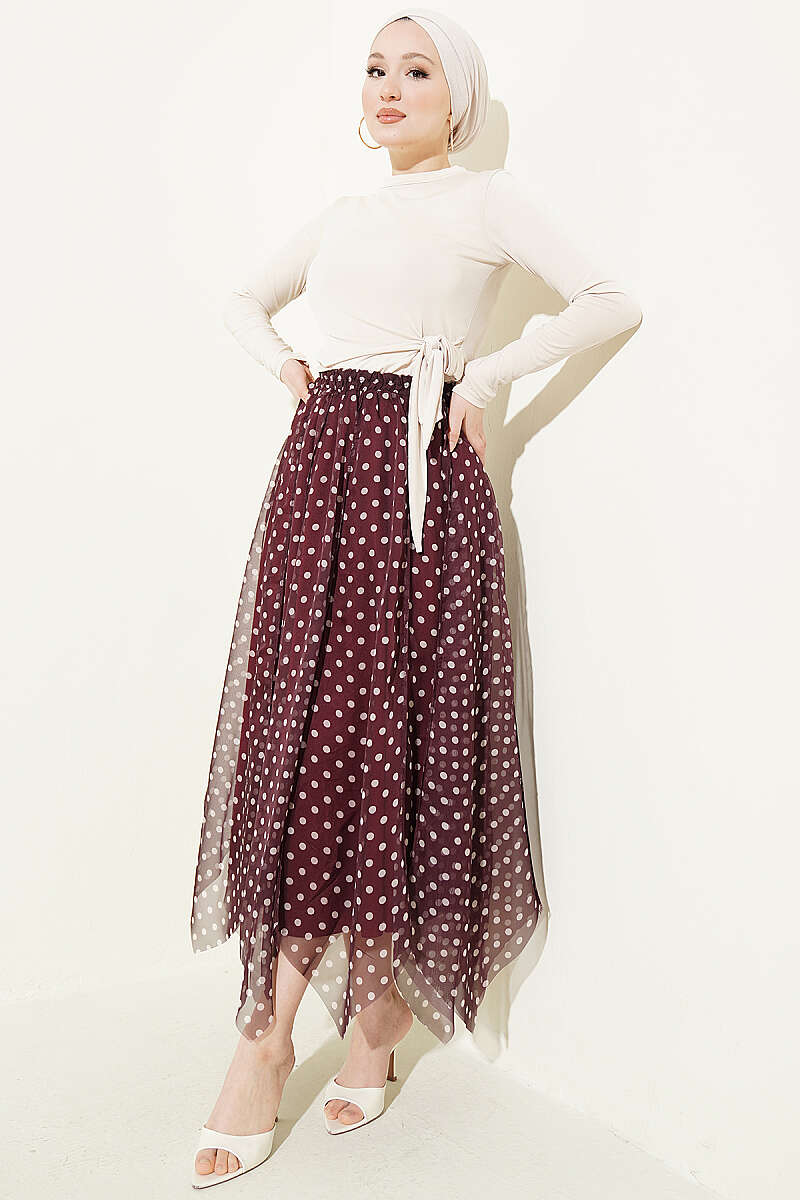 Asymmetric Printed Chiffon Skirt with Stitching - Burgundy