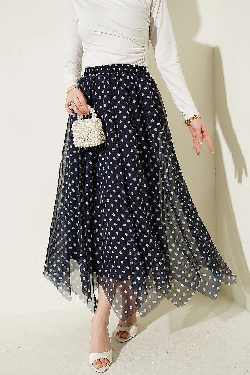 Asymmetric Printed Chiffon Skirt with Stitching - Navy