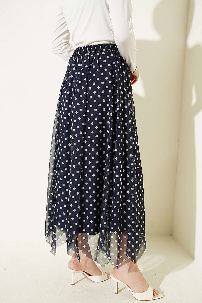 Asymmetric Printed Chiffon Skirt with Stitching - Navy