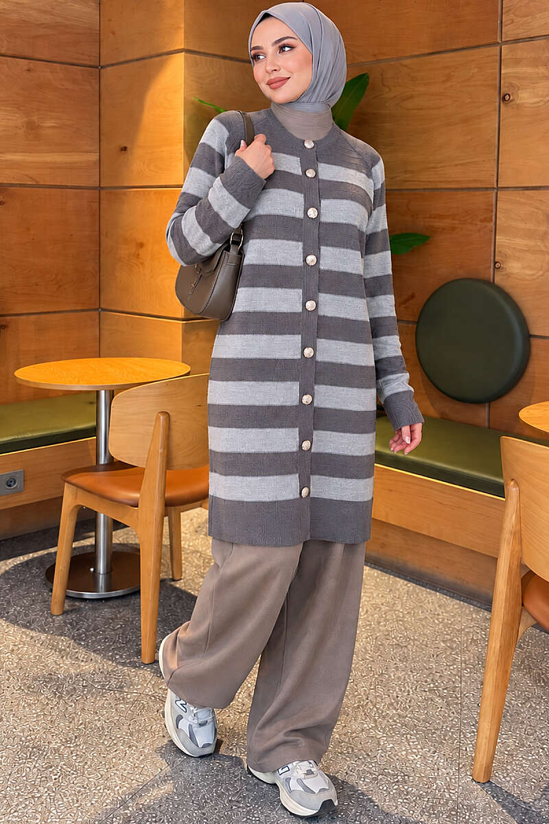 Patterned Knit Cardigan with Button Detail - Smoke Grey