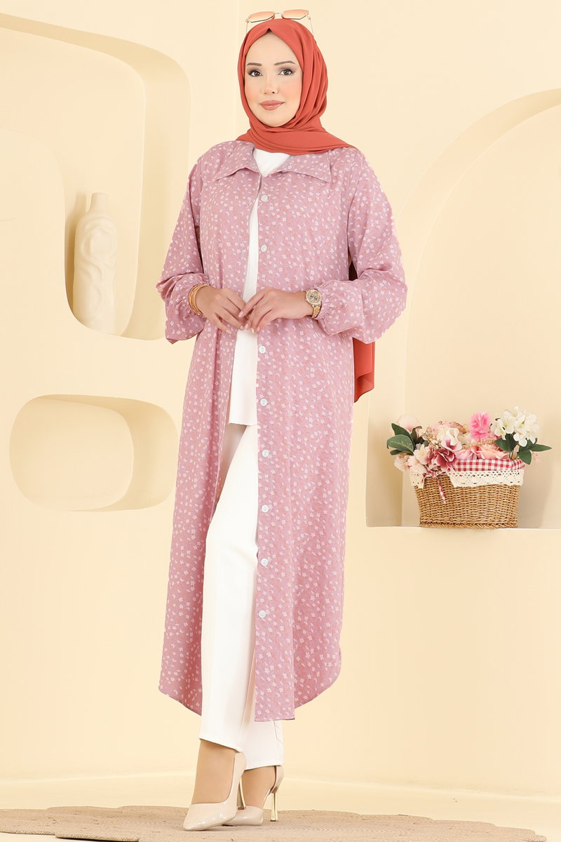 Patterned Woven Tunic with Buttons - Dusty Rose