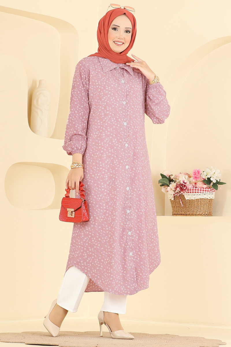 Patterned Woven Tunic with Buttons - Dusty Rose