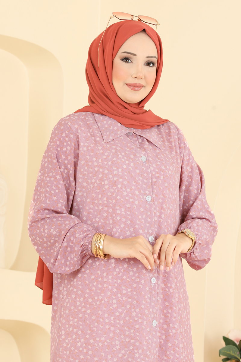 Patterned Woven Tunic with Buttons - Dusty Rose