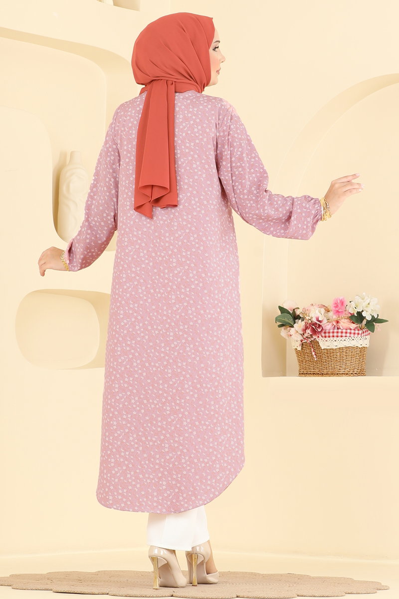 Patterned Woven Tunic with Buttons - Dusty Rose