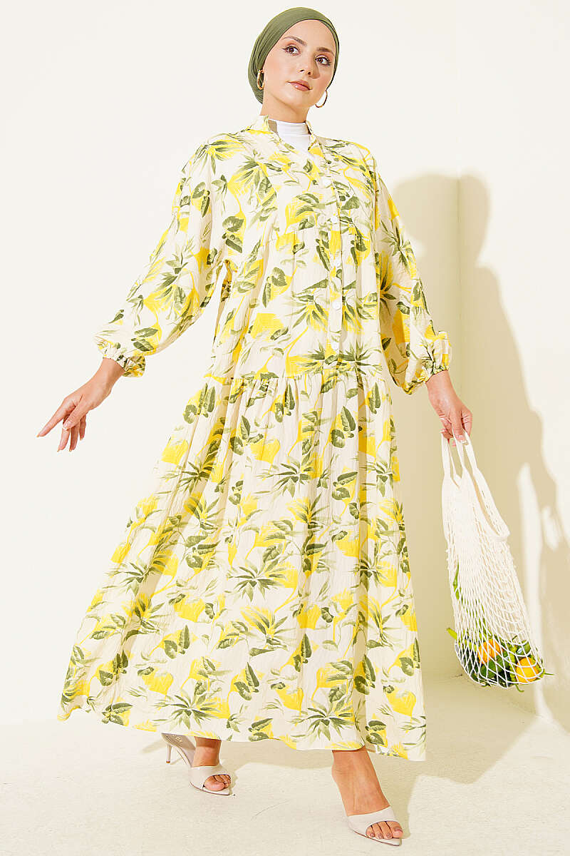 Tiered Patterned Button Dress with Elastic Cuffs - Yellow