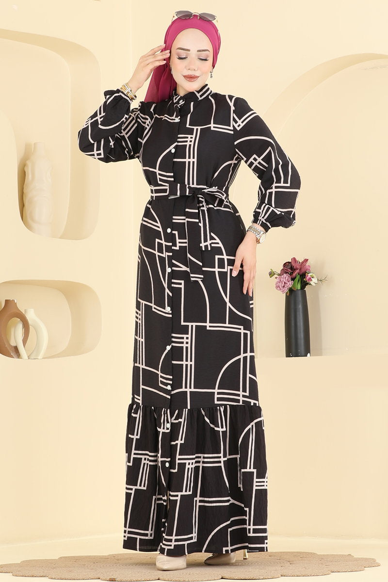 Patterned Modal Button Dress - Multicolour 3