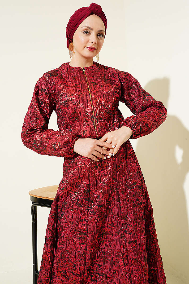 Patterned Jacquard Skirt Set with Zip - Burgundy