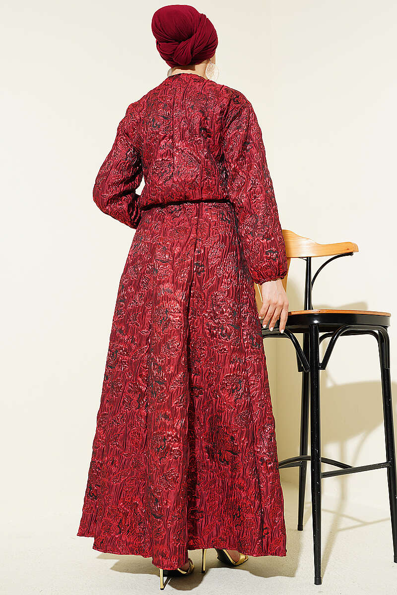 Patterned Jacquard Skirt Set with Zip - Burgundy