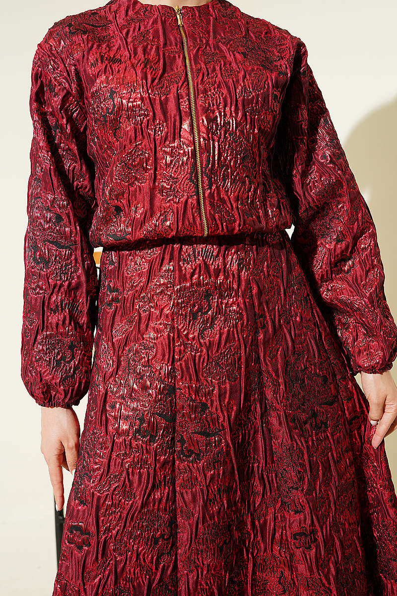 Patterned Jacquard Skirt Set with Zip - Burgundy