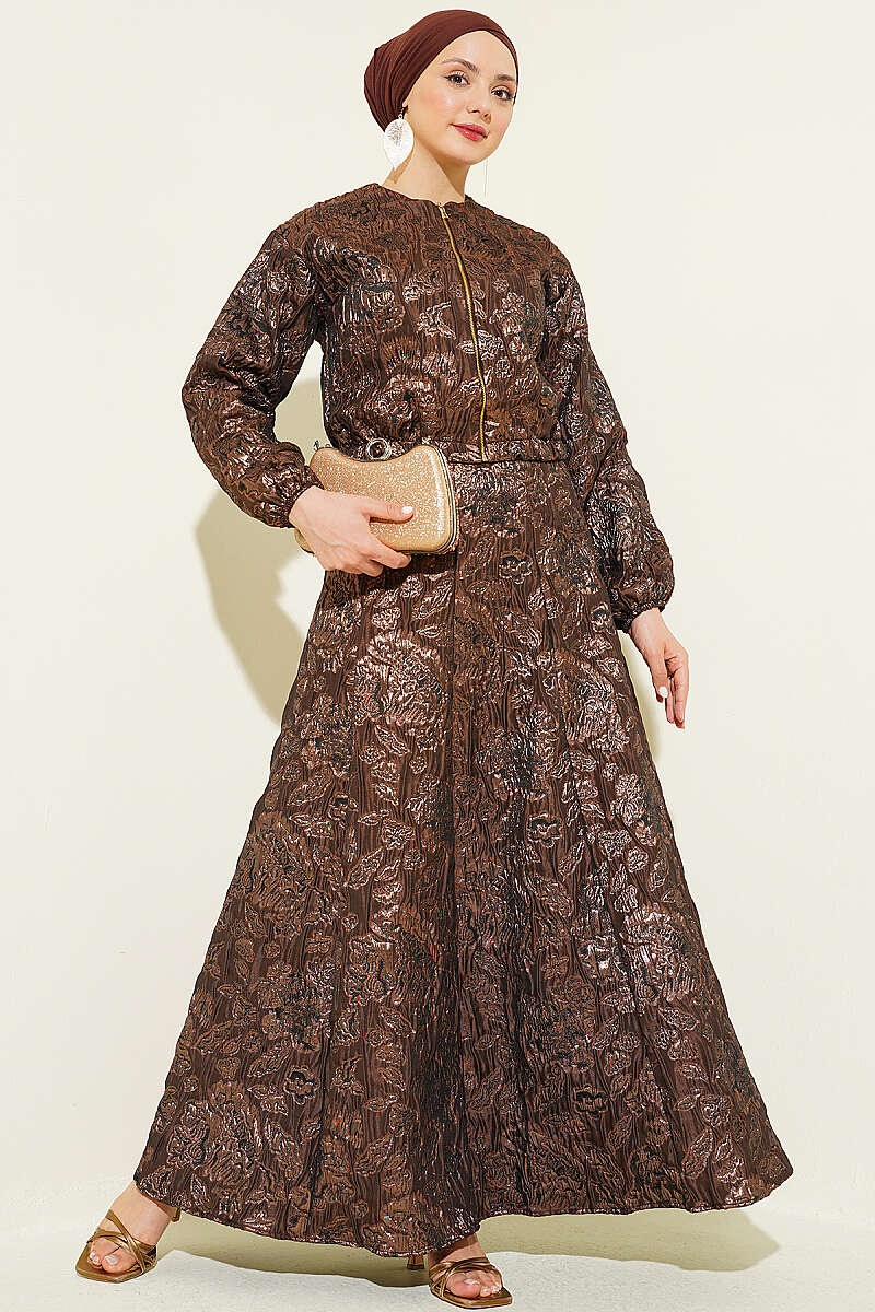 Patterned Jacquard Skirt Set with Zip - Brown