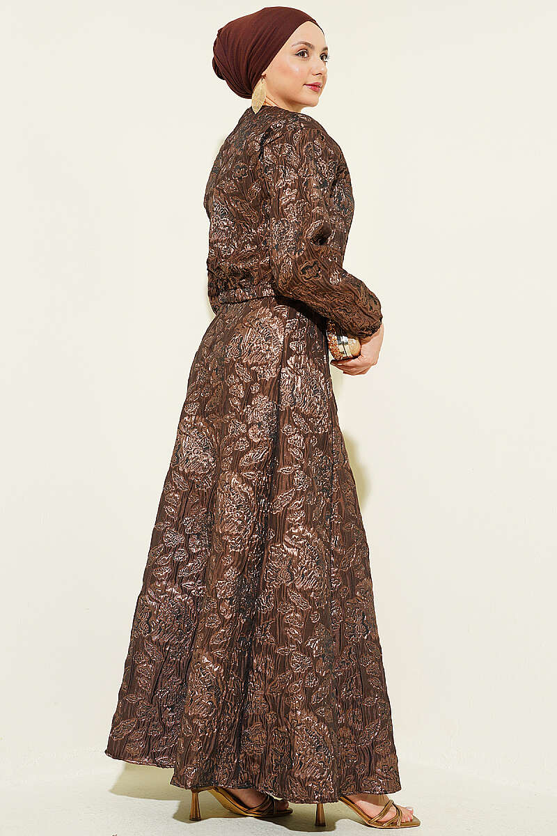 Patterned Jacquard Skirt Set with Zip - Brown