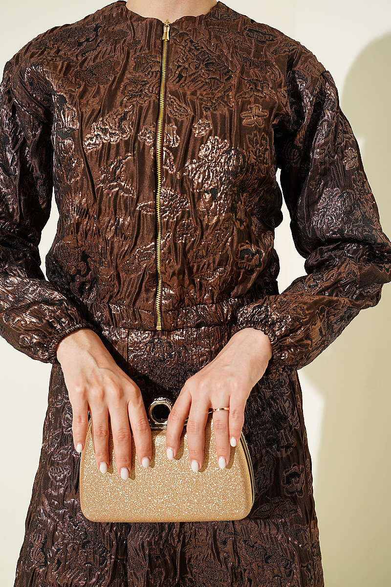 Patterned Jacquard Skirt Set with Zip - Brown
