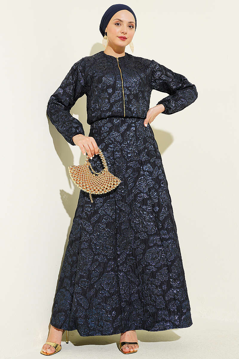 Patterned Jacquard Skirt Set with Zip - Navy
