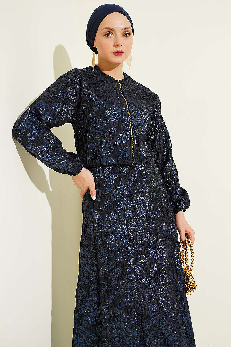 Patterned Jacquard Skirt Set with Zip - Navy