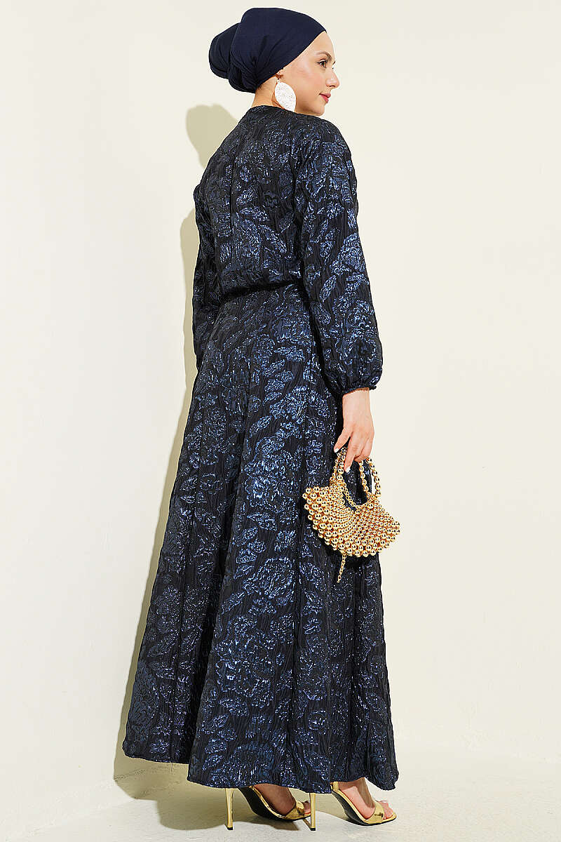Patterned Jacquard Skirt Set with Zip - Navy