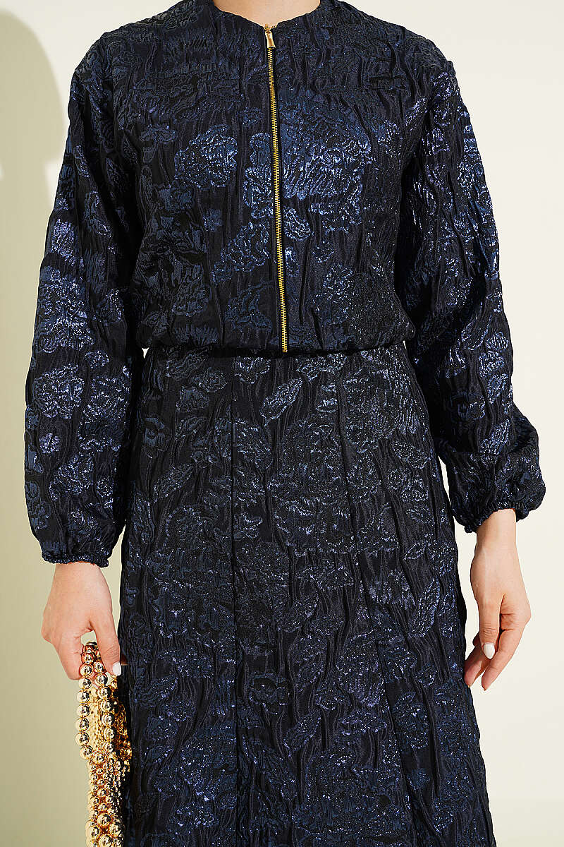 Patterned Jacquard Skirt Set with Zip - Navy