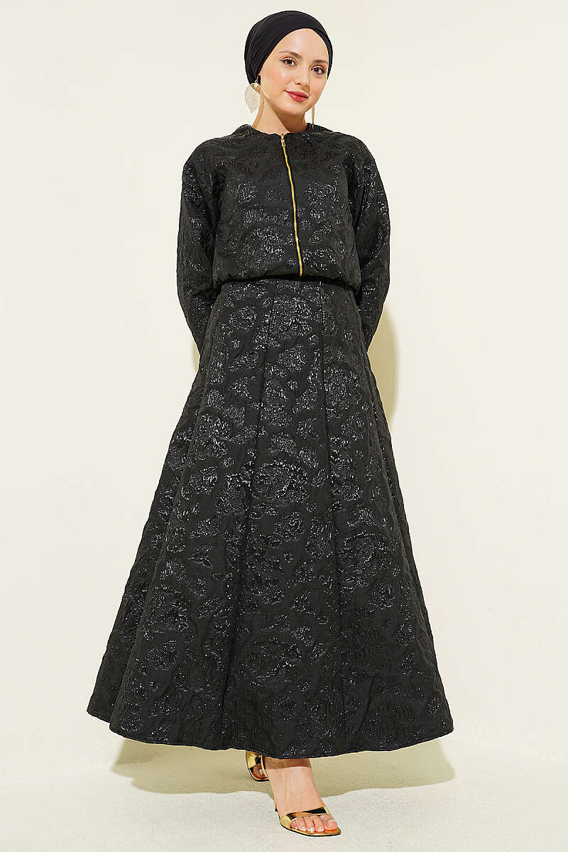 Patterned Jacquard Skirt Set with Zip - Black